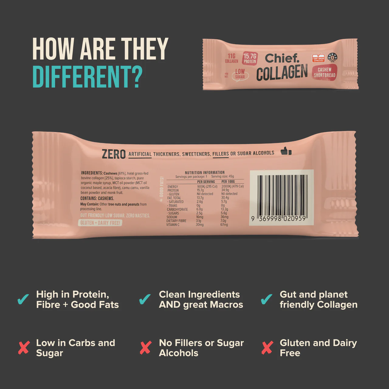 Chief Collagen Protein Cashew Shortbread Bar Informative