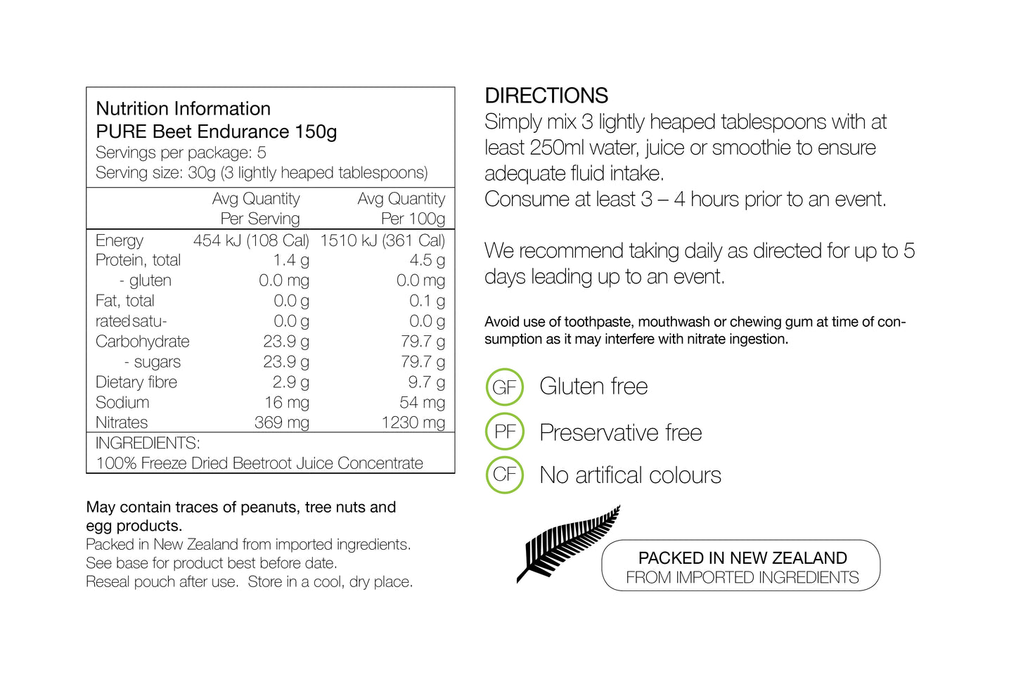 PURE NUTRITION | Beet Endurance Pouch 150g Nutrition Sheet