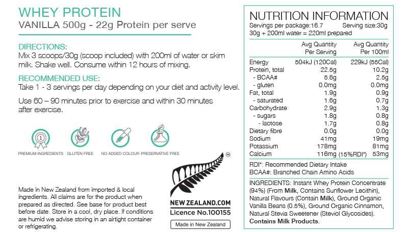 PURE Whey Protein - Organic Vanilla & Cinnamon 500g Nutrition Information