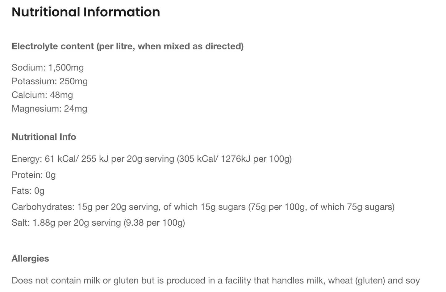 Precision Hydration Packet Nutritional Information