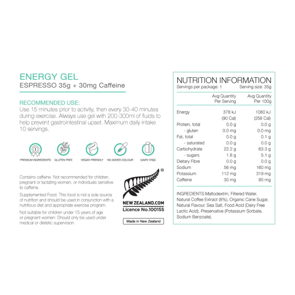 PURE Energy Gel 35g Espresso Nutrition Information 