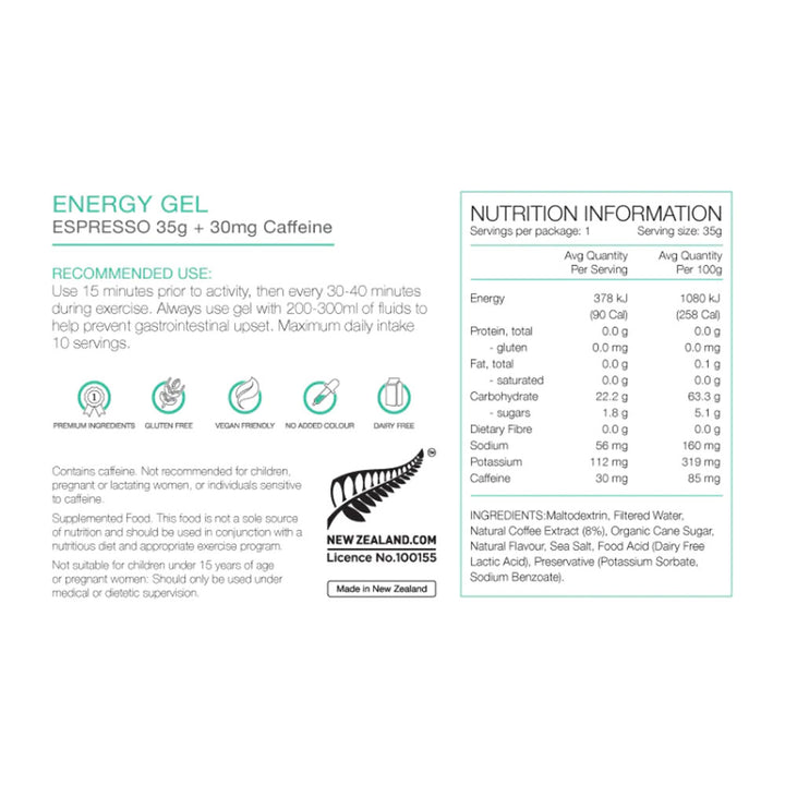 PURE Energy Gel 35g Espresso Nutrition Information 