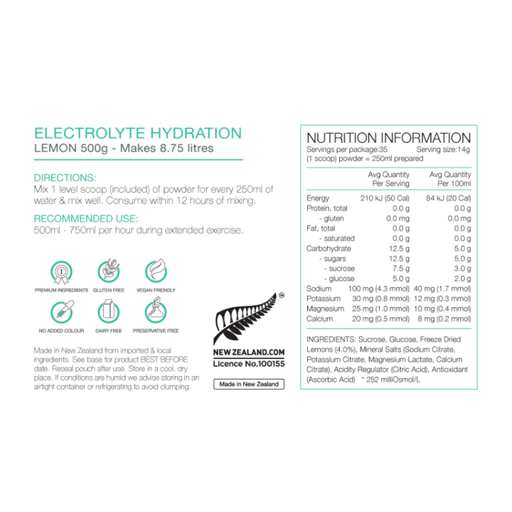 PURE Electrolyte Hydration 500g Pouch Lemon Nutrition Information 
