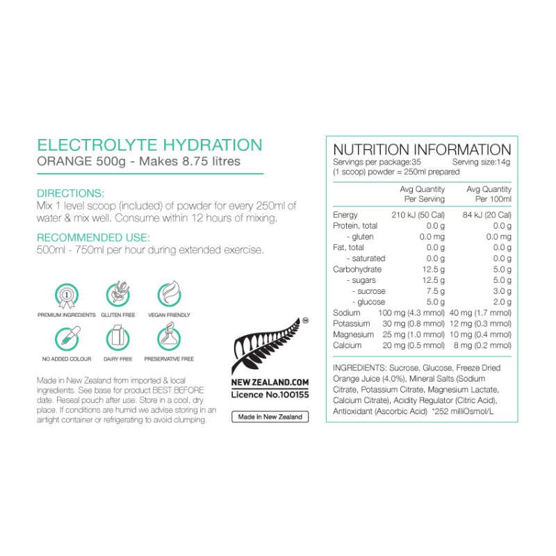 PURE Electrolyte Hydration 500g Pouch Orange Nutrition Information 
