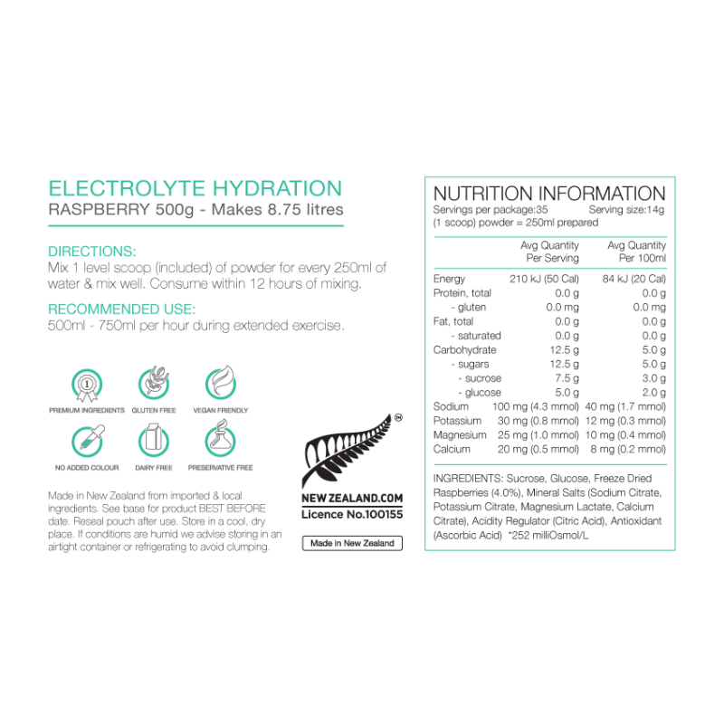 PURE Electrolyte Hydration 500g Pouch Raspberry Nutrition Information 