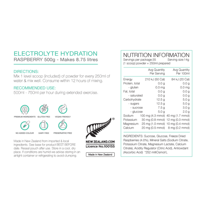 PURE Electrolyte Hydration 500g Pouch Raspberry Nutrition Information 