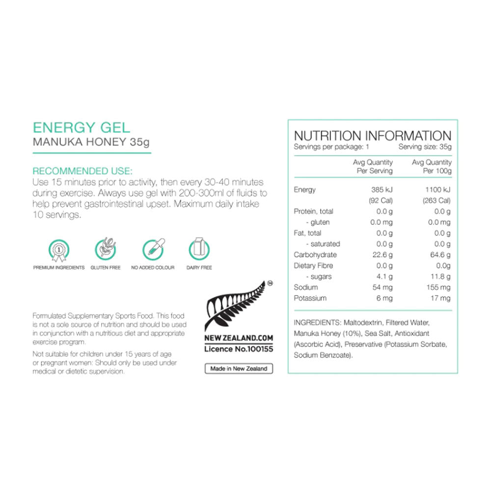 PURE Energy Gel 35g Manuka Honey Nutrition Information 