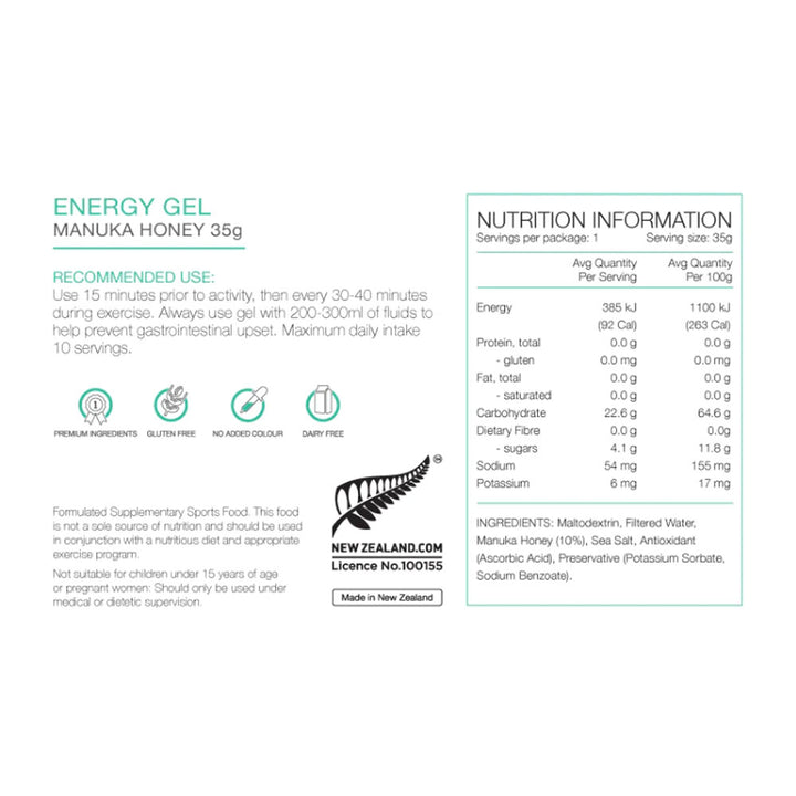 PURE Energy Gel 35g Manuka Honey Nutrition Information 