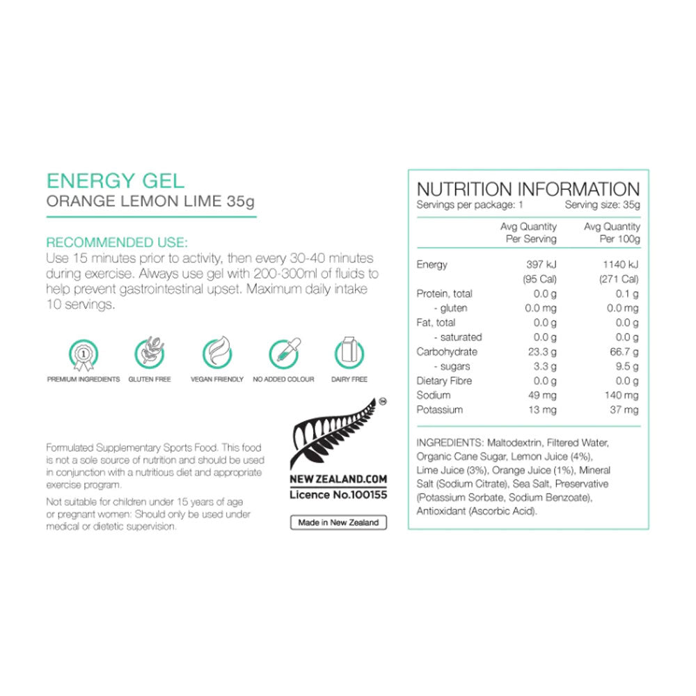 PURE Energy Gel 35g Orange Lemon Nutrition Information 
