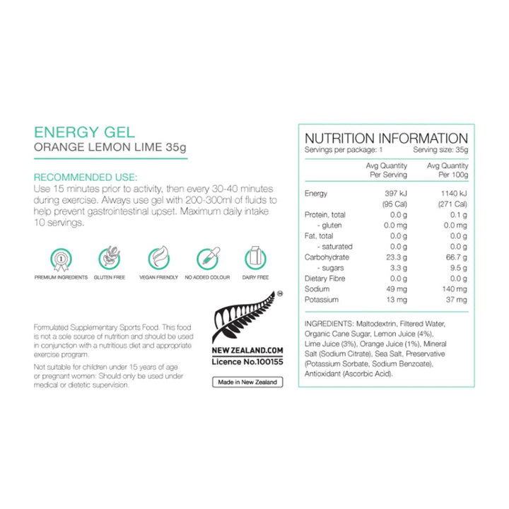 PURE Energy Gel 35g Orange Lemon Nutrition Information 
