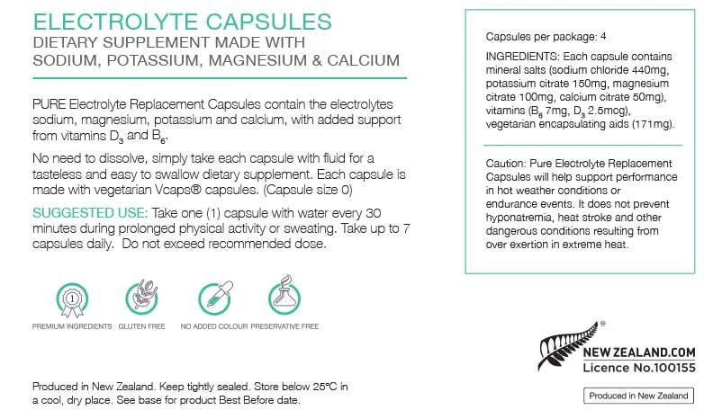 PURE Electrolyte Replacement Capsules (4) Nutrition Information 