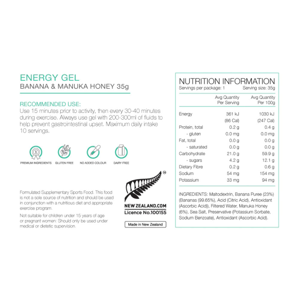 PURE Energy Gel 35g Banana Manuka Honey Nutrition Information 