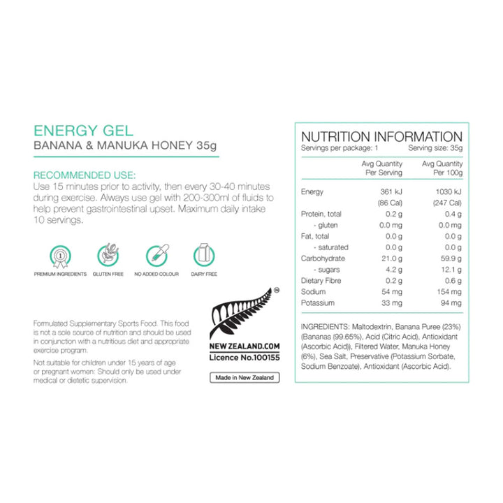 PURE Energy Gel 35g Banana Manuka Honey Nutrition Information 