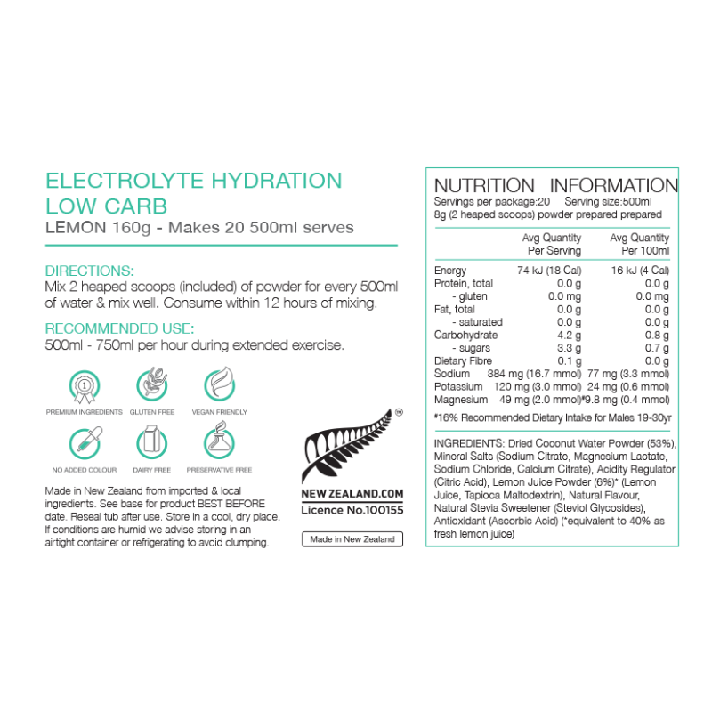 PURE Electrolyte Hydration Low Carb 160g Nutritional Information 