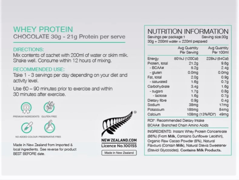 PURE Whey Protein Cacao 30g Nutrition Information 