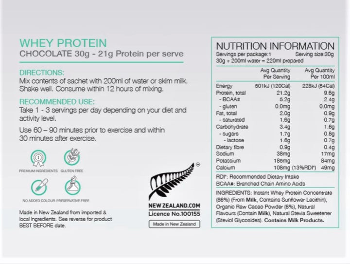 PURE Whey Protein Cacao 30g Nutrition Information 