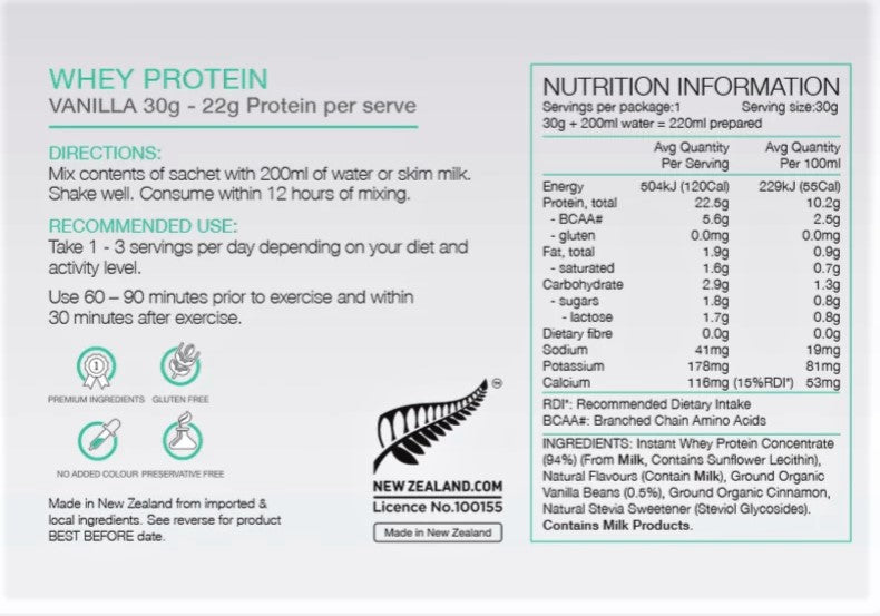 PURE Whey Protein Vanilla 30g Nutrition Information 