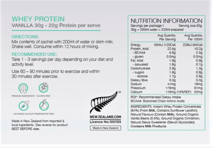 PURE Whey Protein Vanilla 30g Nutrition Information 
