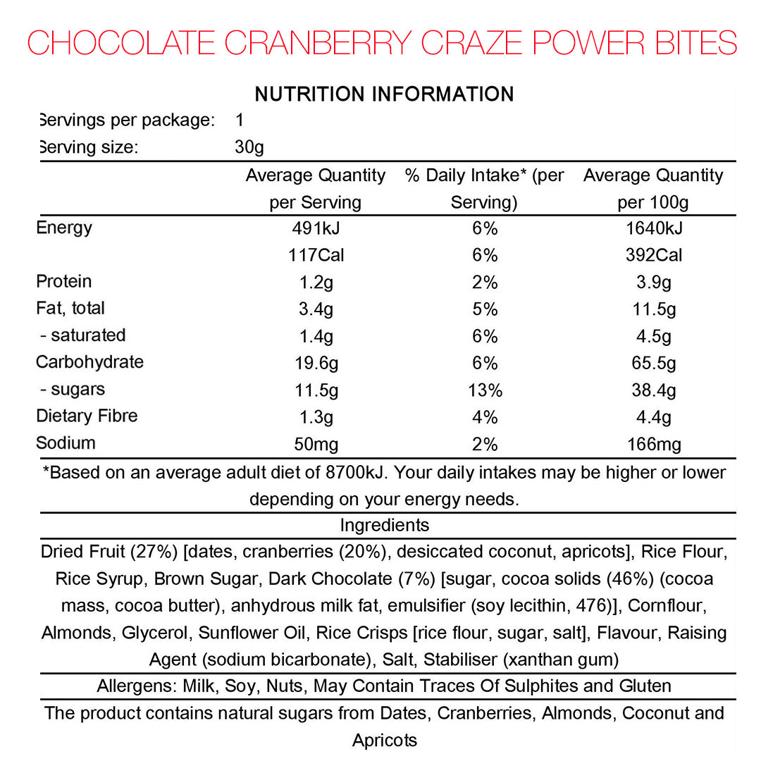 EM's Power Bites Choc Cranberry Nutrition 