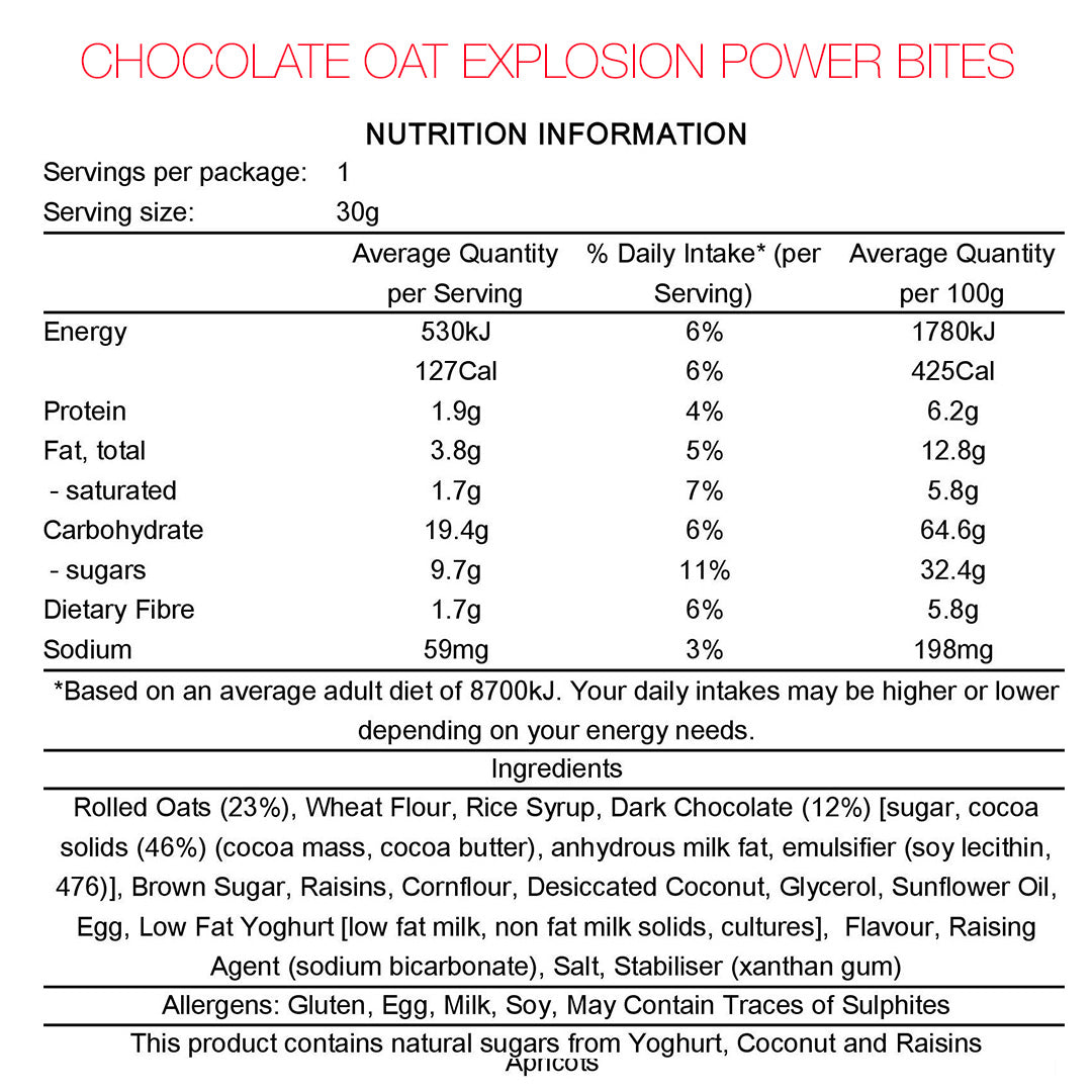 EM's Power Bites Choc Oat Nutrition 