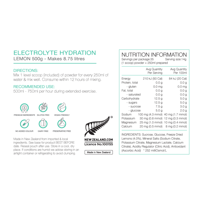 PURE Electrolyte Hydration 500g Pouch Lemon Nutrition Information 