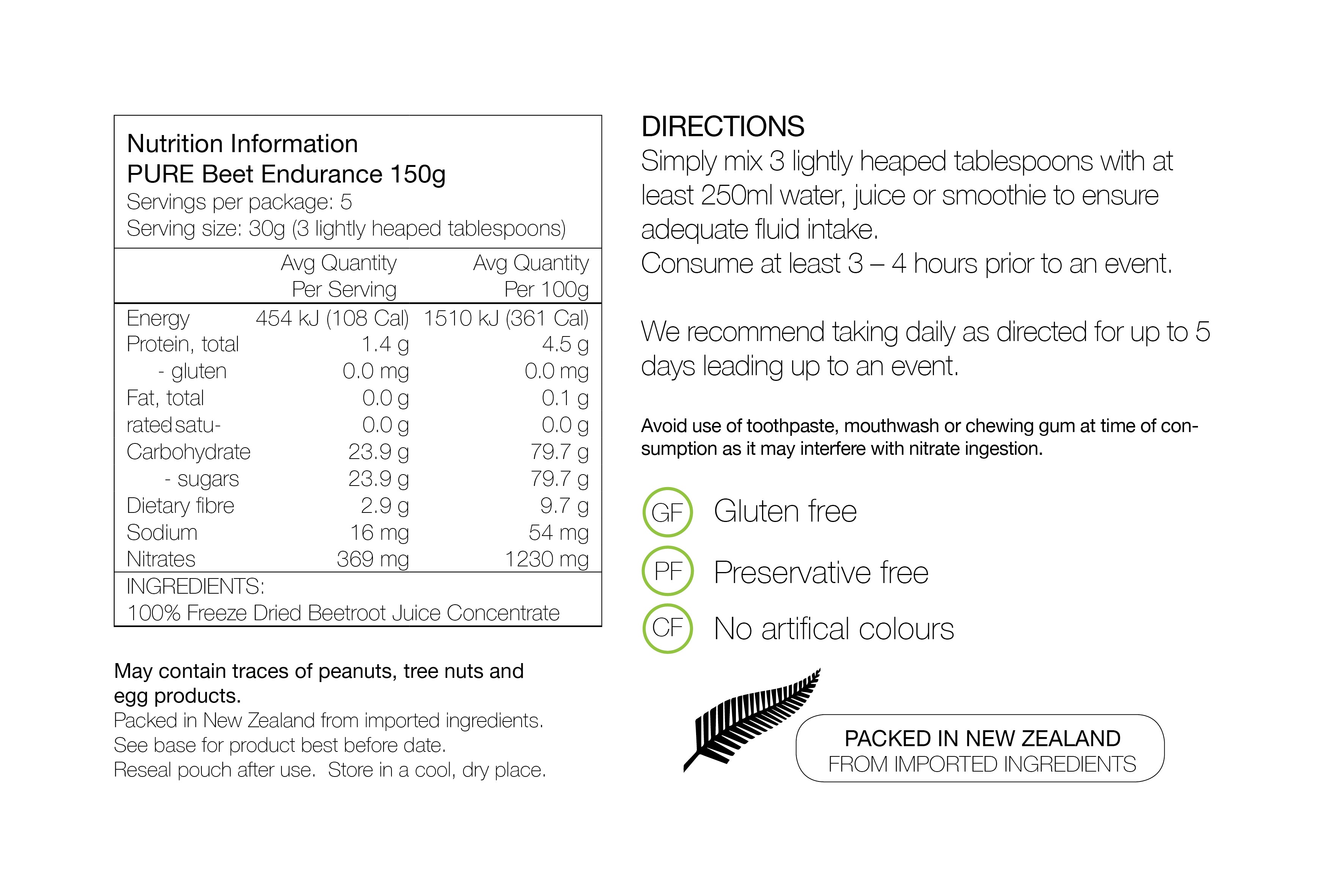 PURE NUTRITION | Beet Endurance Pouch 150g Nutrition Sheet