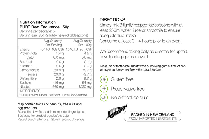PURE NUTRITION | Beet Endurance Pouch 150g Nutrition Sheet