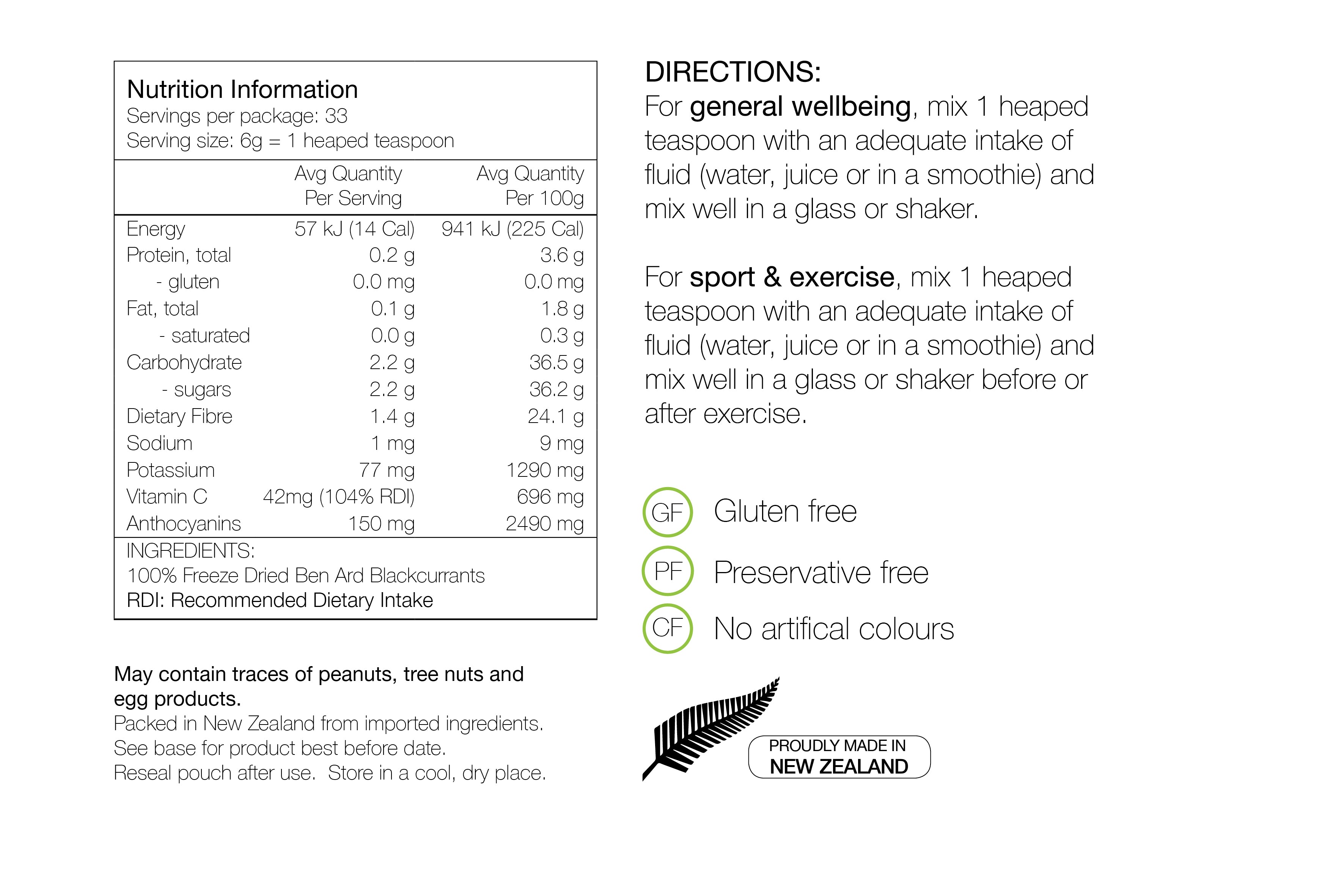 PURE NUTRITION | Blackcurrant Recovery Pouch 200g - Nutrition Sheet