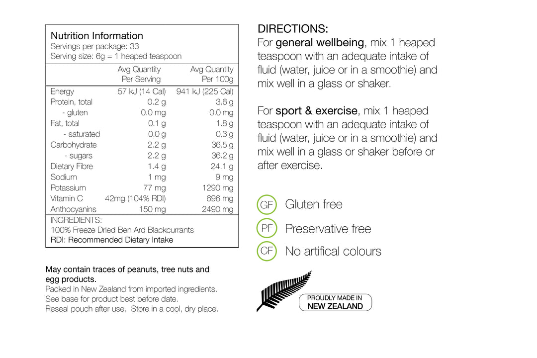 PURE NUTRITION | Blackcurrant Recovery Pouch 200g - Nutrition Sheet