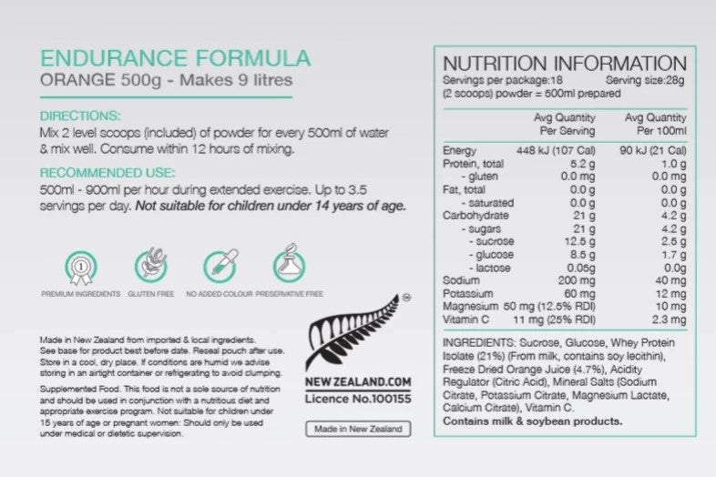 PURE Endurance Formula 500g Orange Nutrition Information 