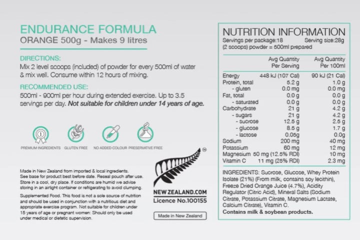 PURE Endurance Formula 500g Orange Nutrition Information 