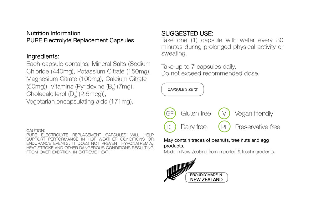 PURE NUTRITION | Electrolyte Replacement Capsules 80 Capsules Nutrition Sheet