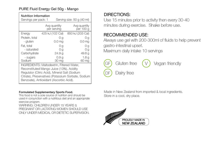 PURE Fluid Energy Gels 50g Mango Nutrition Information 