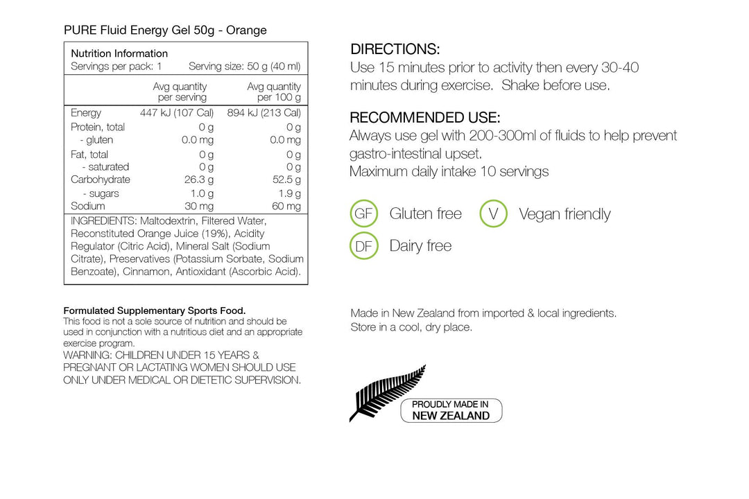PURE Fluid Energy Gels 50g Orange Nutrition Information 
