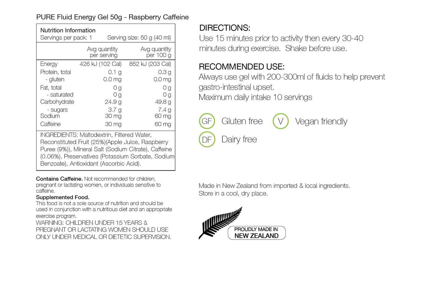 PURE Fluid Energy Gels 50g Raspberry Caffeine Nutritional Information 