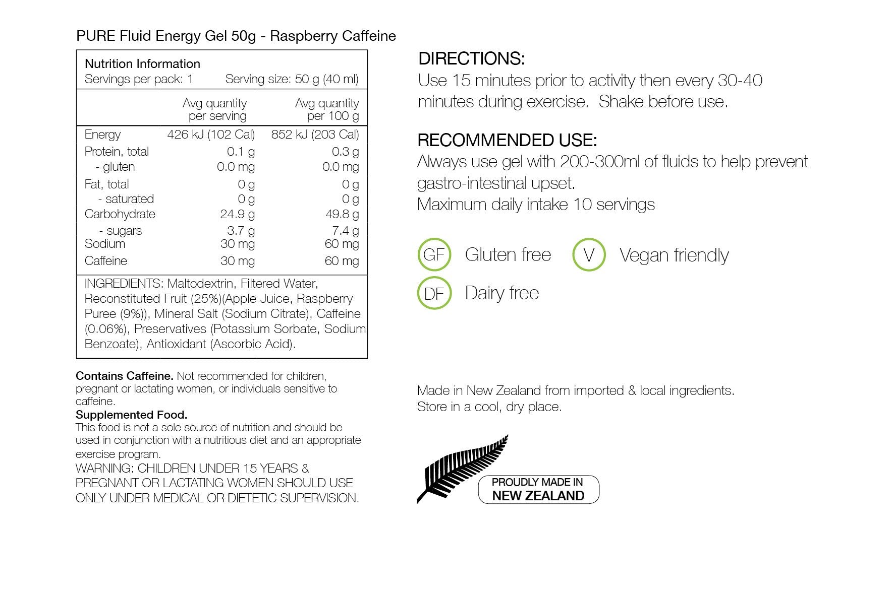 PURE Fluid Energy Gels 50g Raspberry Caffeine Nutritional Information 