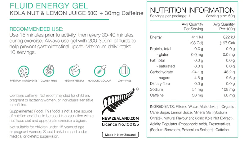 PURE Fluid Energy Gels 50g Kola Nut Lemon Juice Nutrition Information 