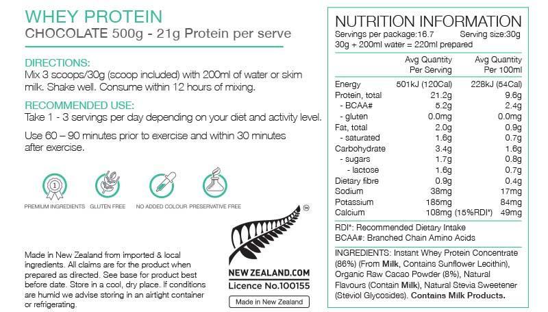 PURE Whey Protein - Organic Cacao 500g Nutrition Information 