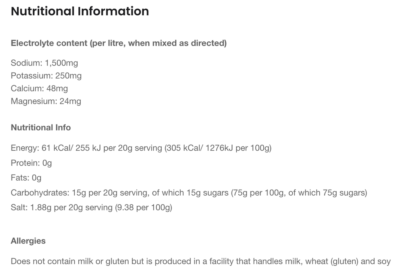 Precision Hydration Packet Nutritional Information 