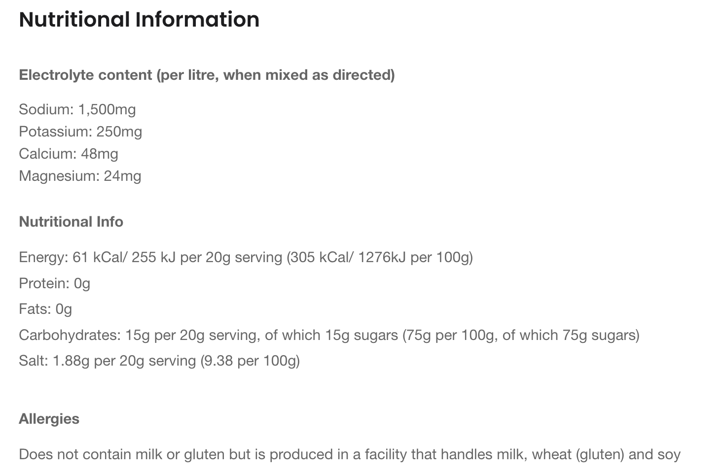 Precision Hydration Packet Nutritional Information 