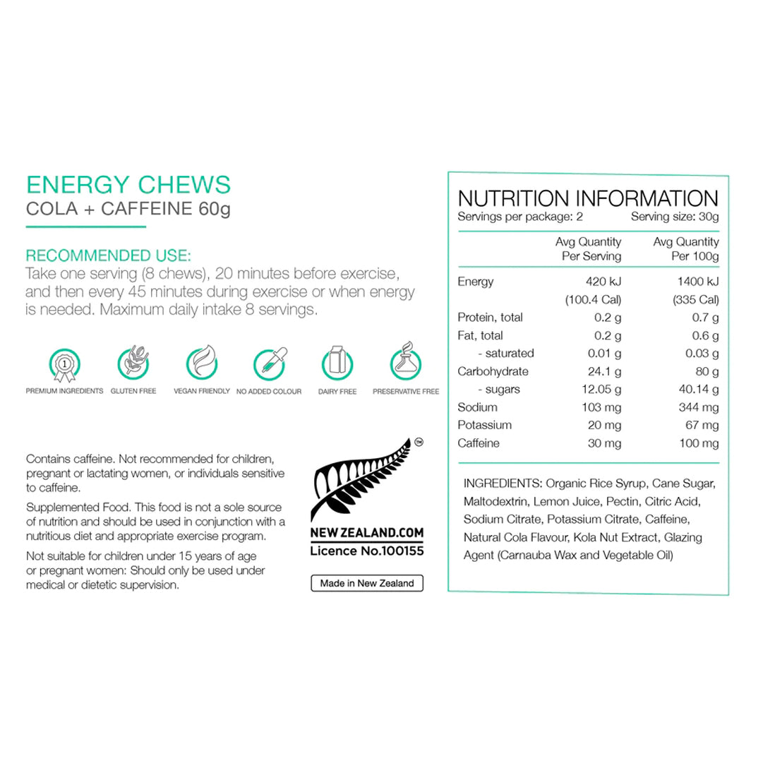 PURE Energy Chews 60g Cola Nutrition Information 