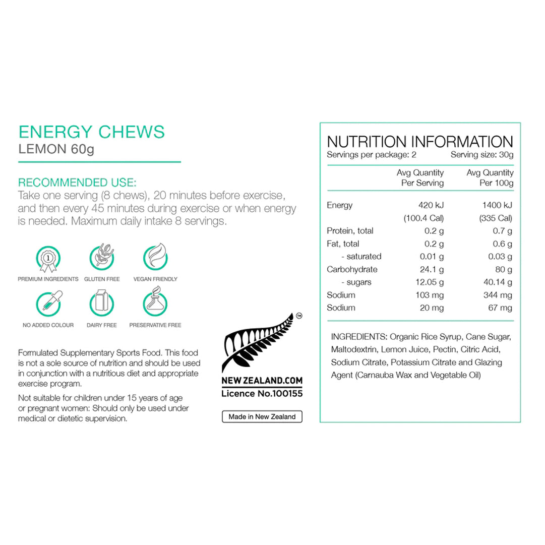 PURE Energy Chews 60g Lemon Nutrition Information 